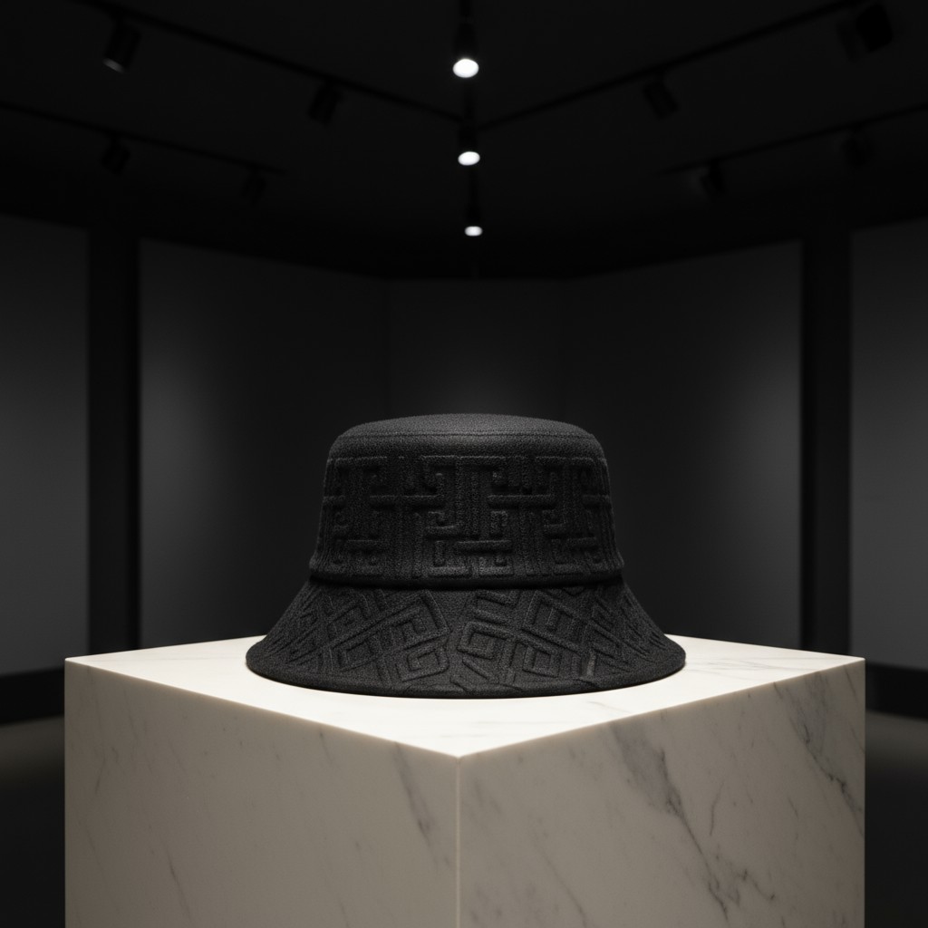 A black, velvet hat is seen here sitting on a marble podium in a dramatic, monochromatic setting between white and darker ...