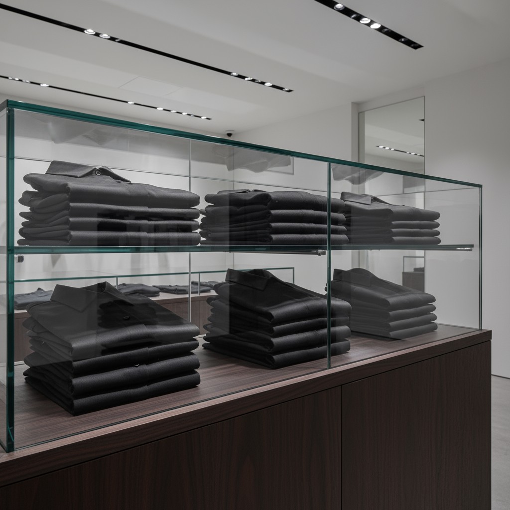 Professional clothing display case made from glass and wood with neatly folded shirts and shirts.