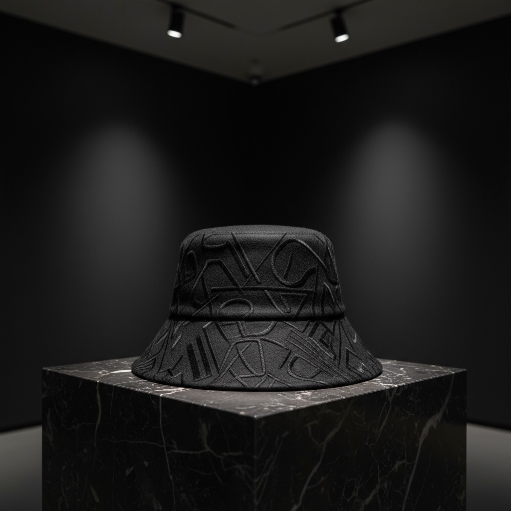 The hat is placed atop a black pedestal, characterized by a wide brim and a doughed crown. Its black fabric showcases a te...